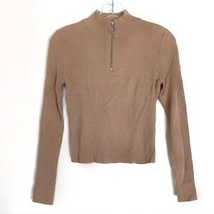 90’s VINTAGE Tan Ribbed Long Sleeve Top with Ring-Pull Zipper